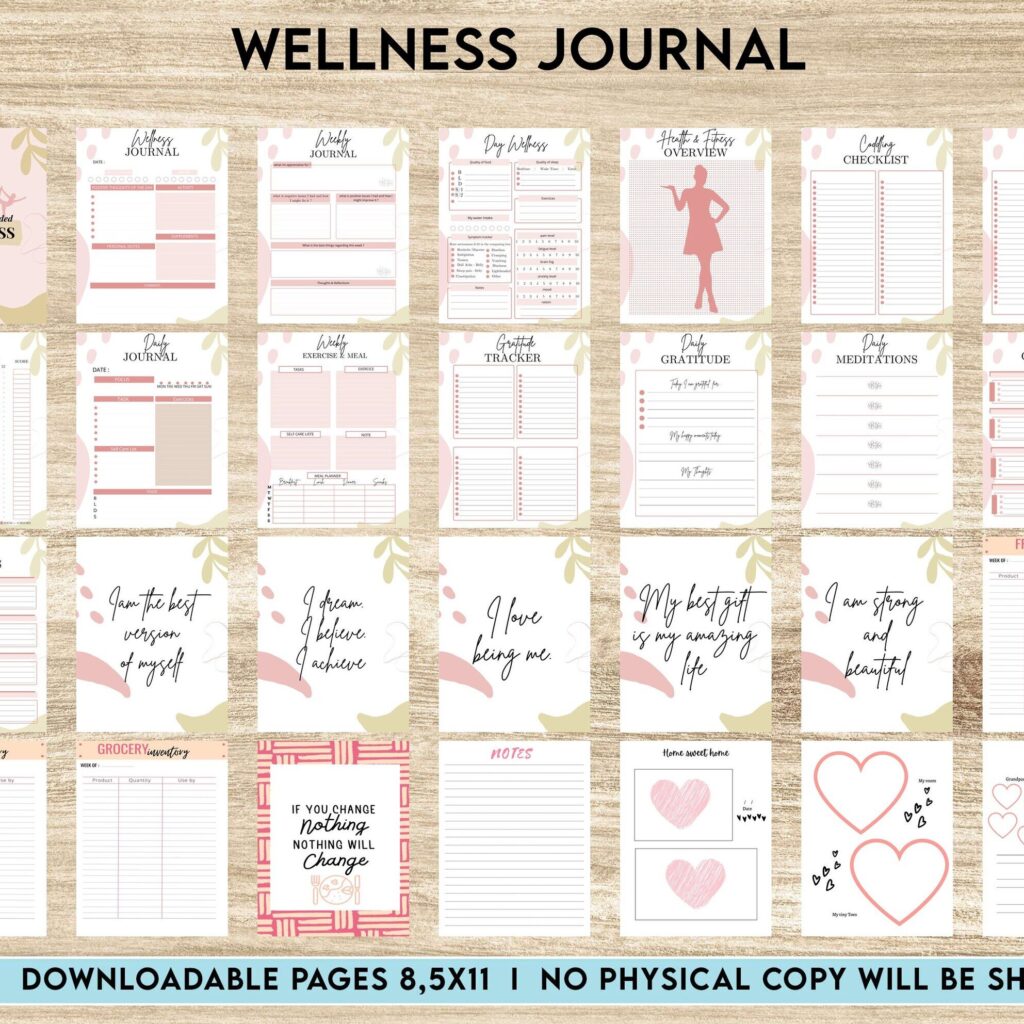Wellness Journal Planner, Self care journal , Wellness Editable Templates Bundle Pages, Canva Editable Templates, interior gratitude journal