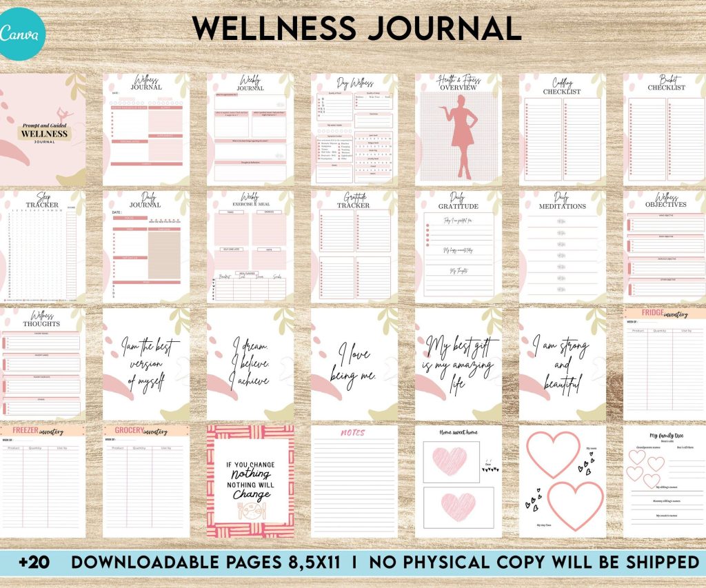 Wellness Journal Planner, Self care journal , Wellness Editable Templates Bundle Pages, Canva Editable Templates, interior gratitude journal