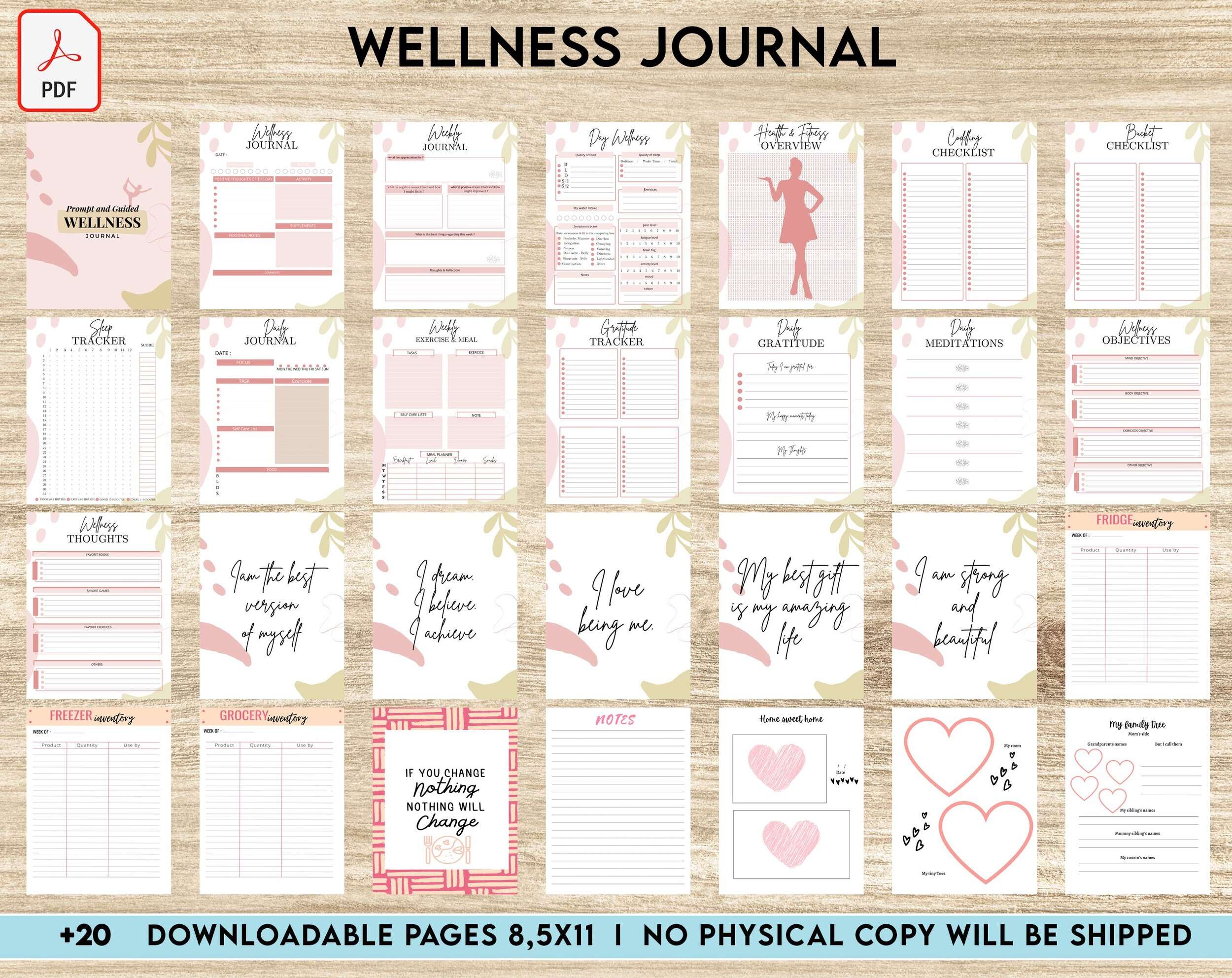 Wellness Journal Planner, Self care journal , Wellness 8×11 inch pages size Bundle Pages, PDF Printable, 8,5×11″ A4 size