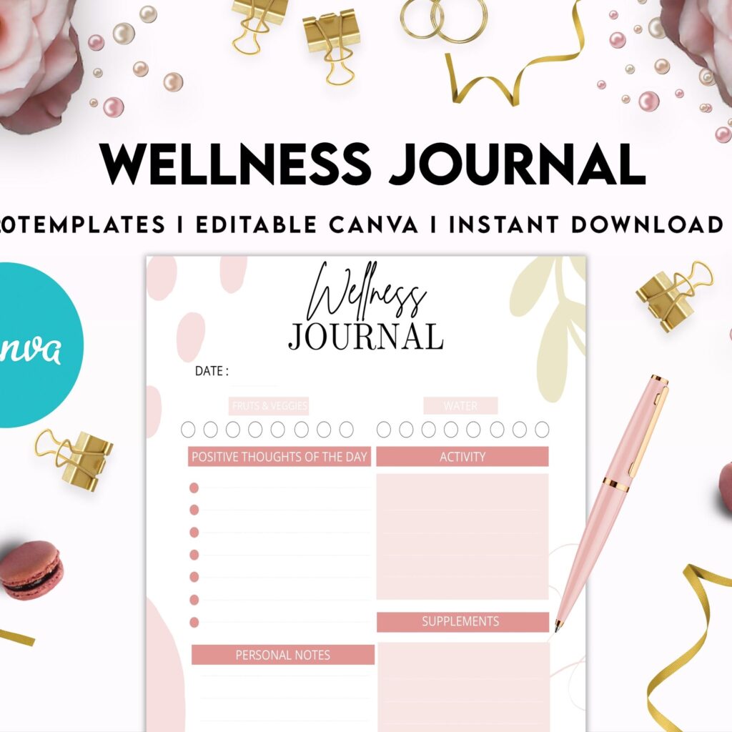 Wellness Journal Planner, Self care journal , Wellness Editable Templates Bundle Pages, Canva Editable Templates, interior gratitude journal