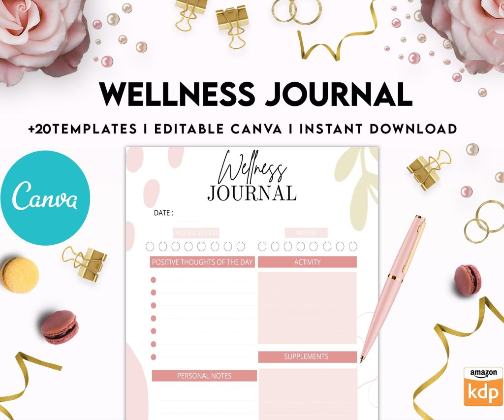 Wellness Journal Planner, Self care journal , Wellness Editable Templates Bundle Pages, Canva Editable Templates, interior gratitude journal