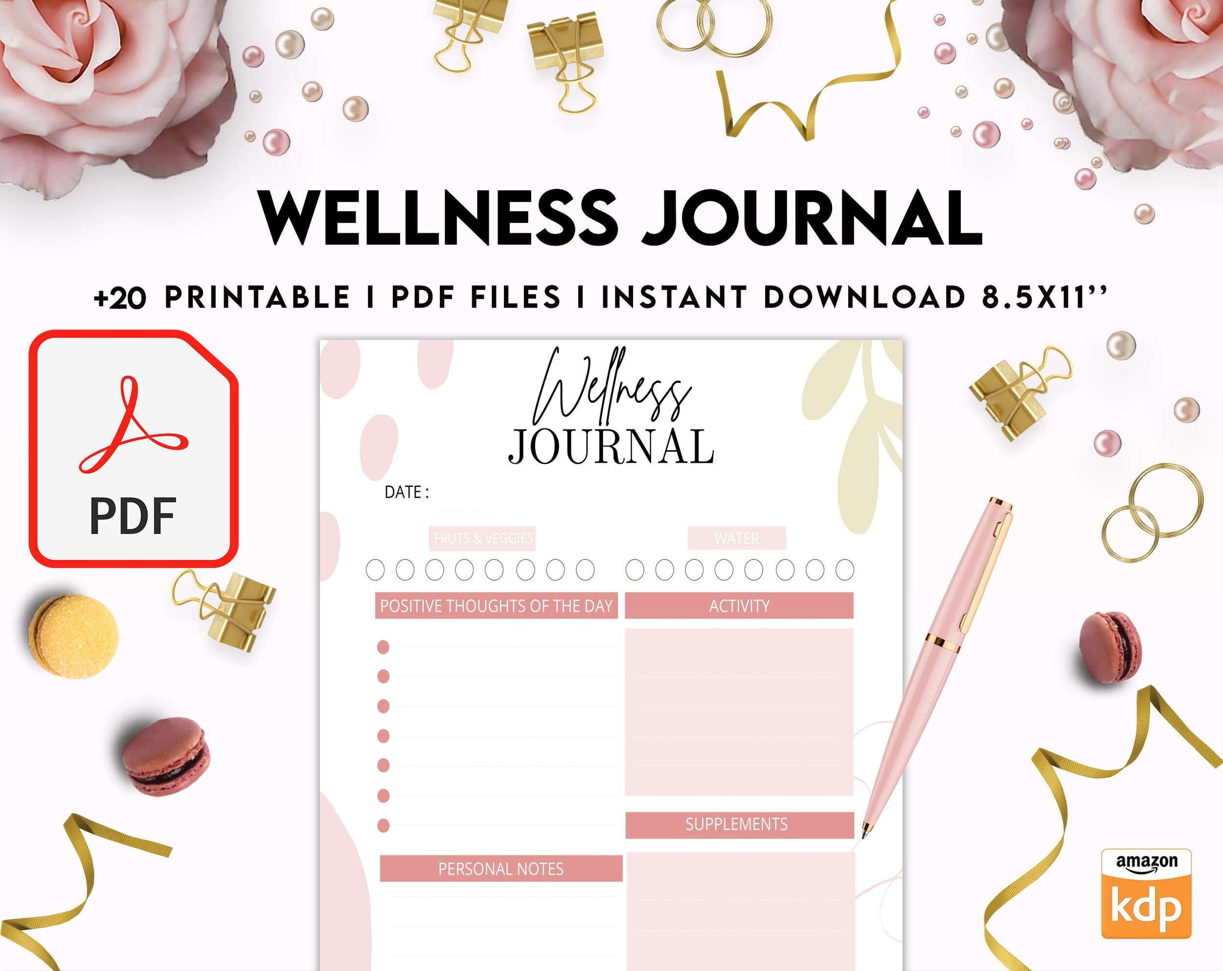 Wellness Journal Planner, Self care journal , Wellness 8×11 inch pages size Bundle Pages, PDF Printable, 8,5×11″ A4 size