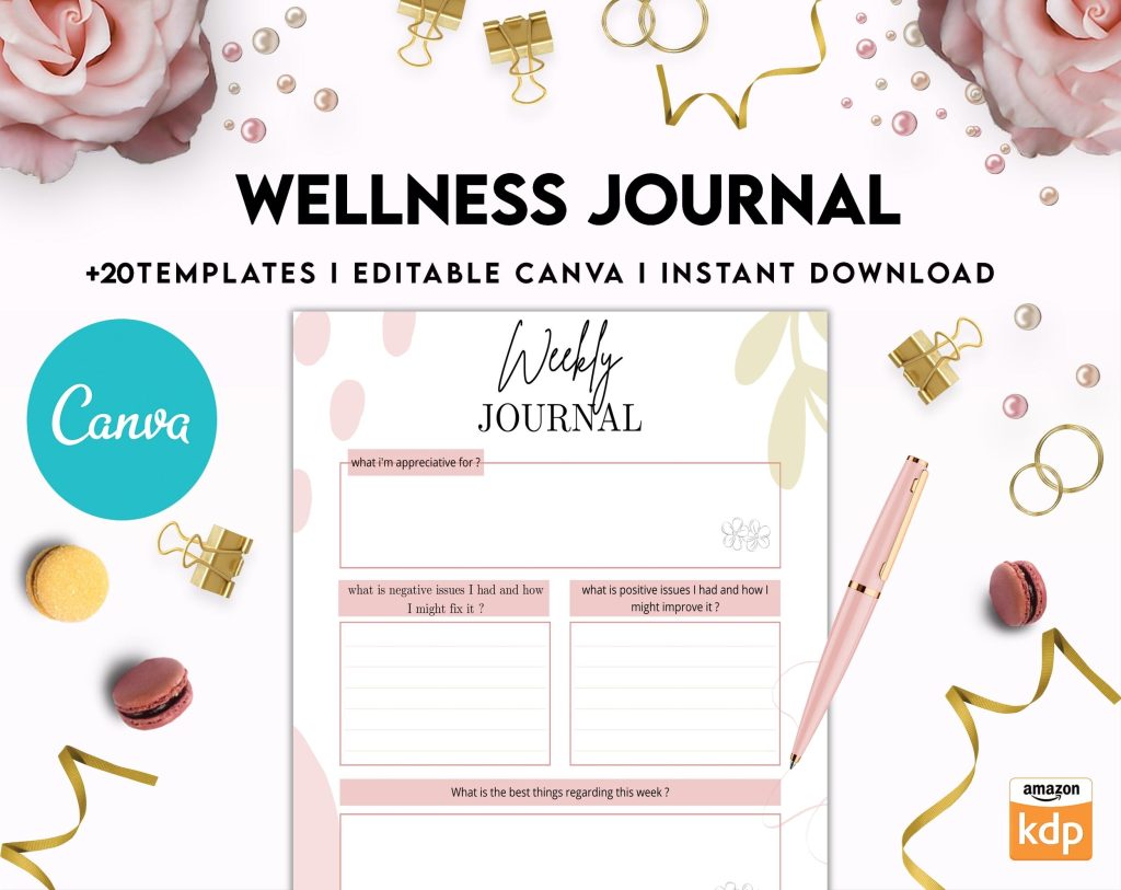 Wellness Journal Planner, Self Care Wellness Canva Editable Interior