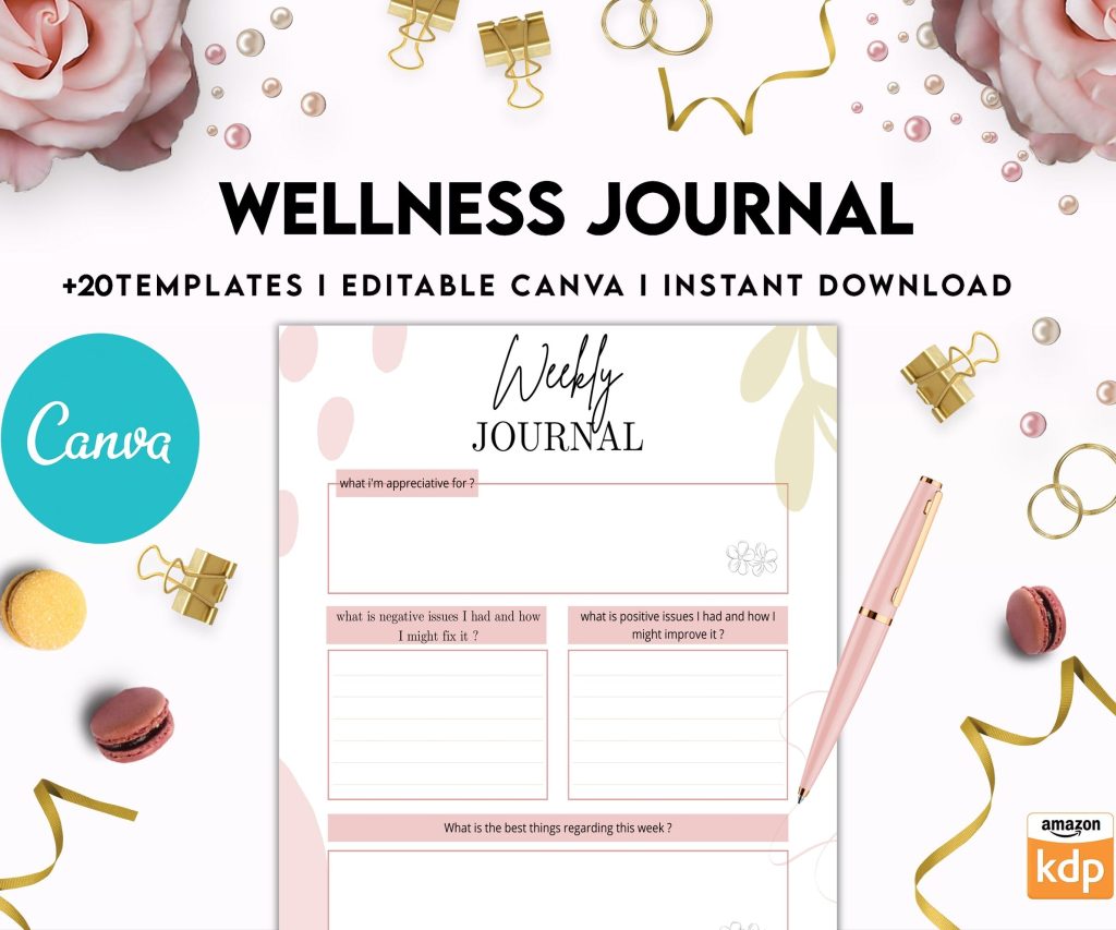 Wellness Journal Planner, Self care journal , Wellness Editable Templates Bundle Pages, Canva Editable Templates, interior gratitude journal