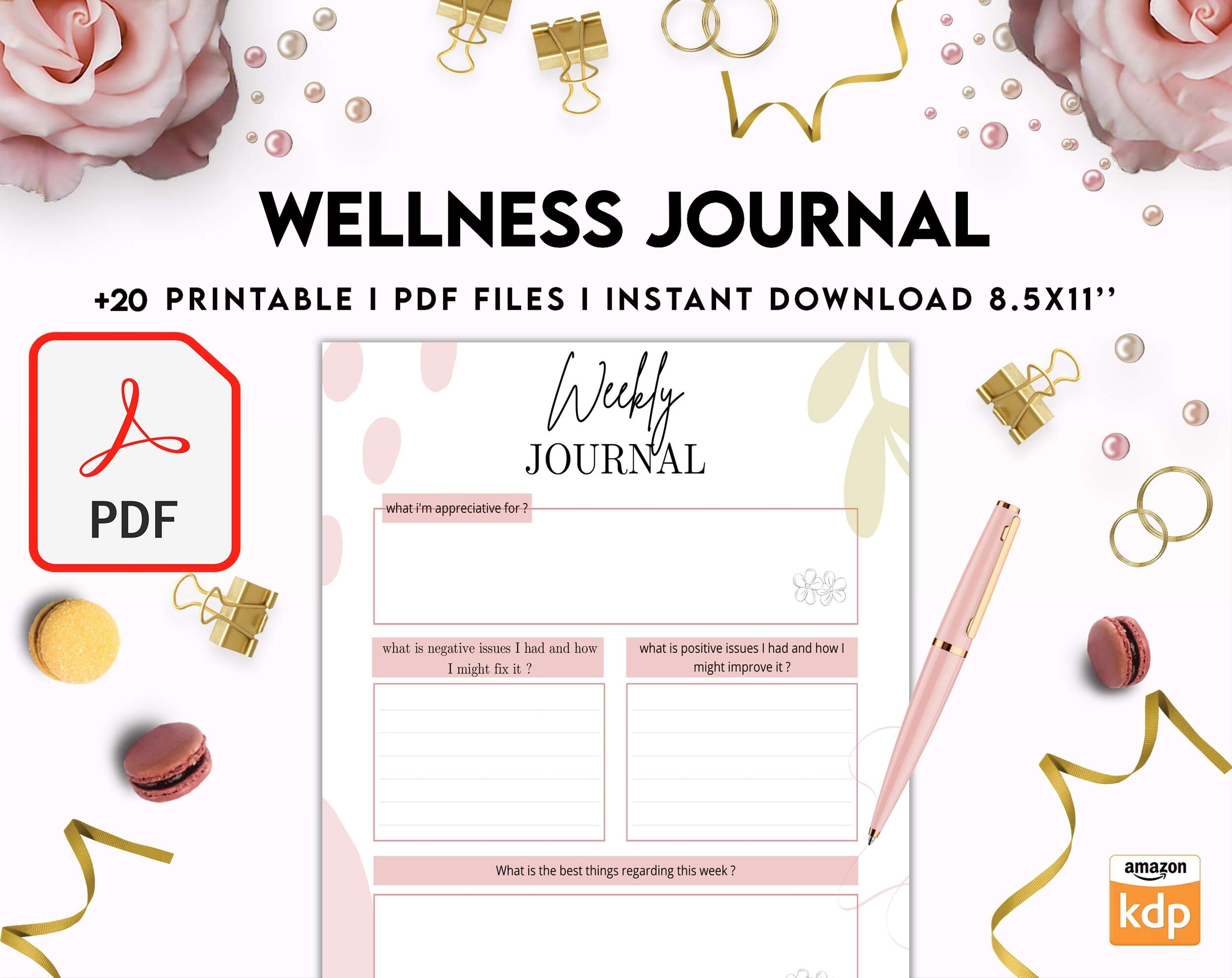Wellness Journal Planner, Self care journal , Wellness 8×11 inch pages size Bundle Pages, PDF Printable, 8,5×11″ A4 size