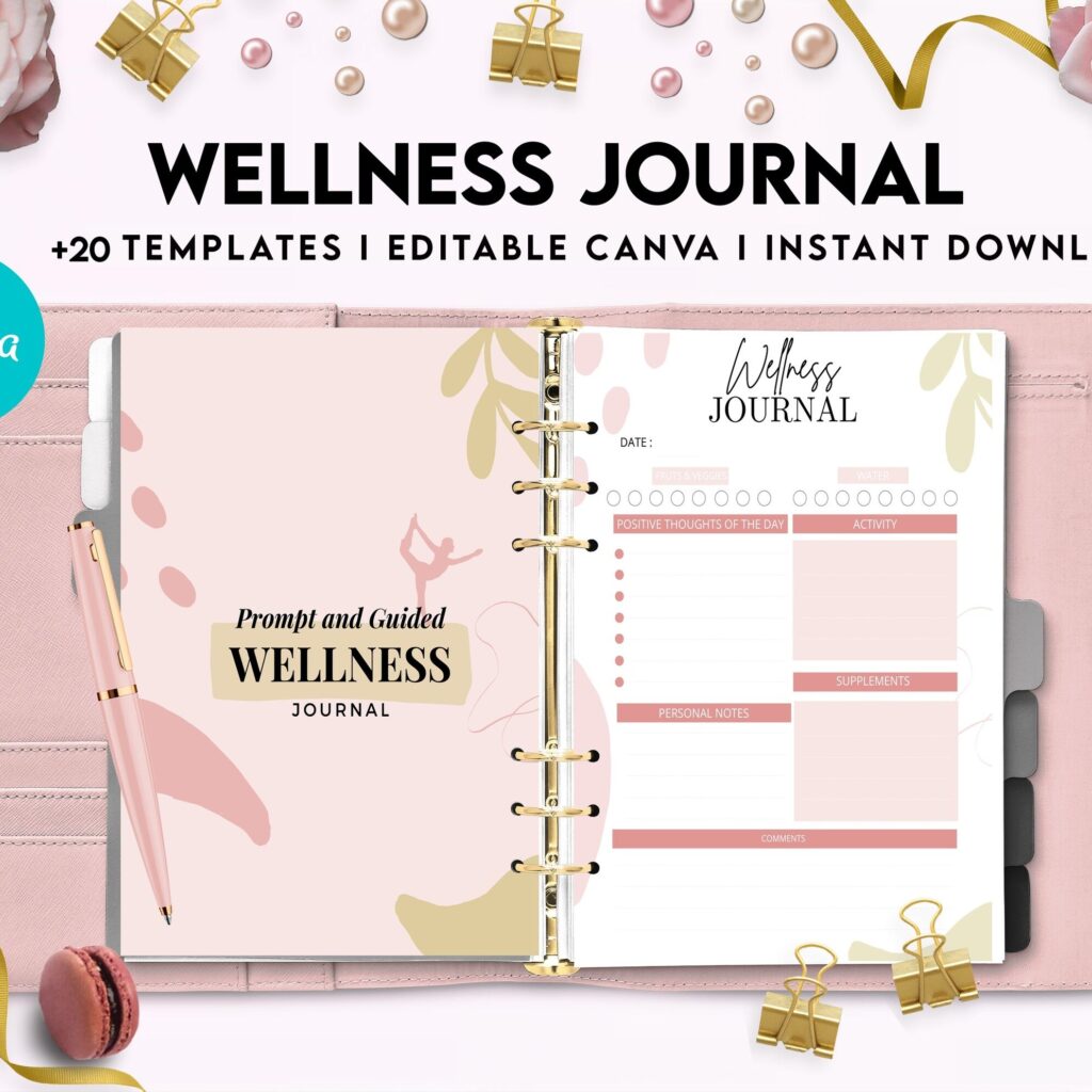 Wellness Journal Planner, Self care journal , Wellness Editable Templates Bundle Pages, Canva Editable Templates, interior gratitude journal