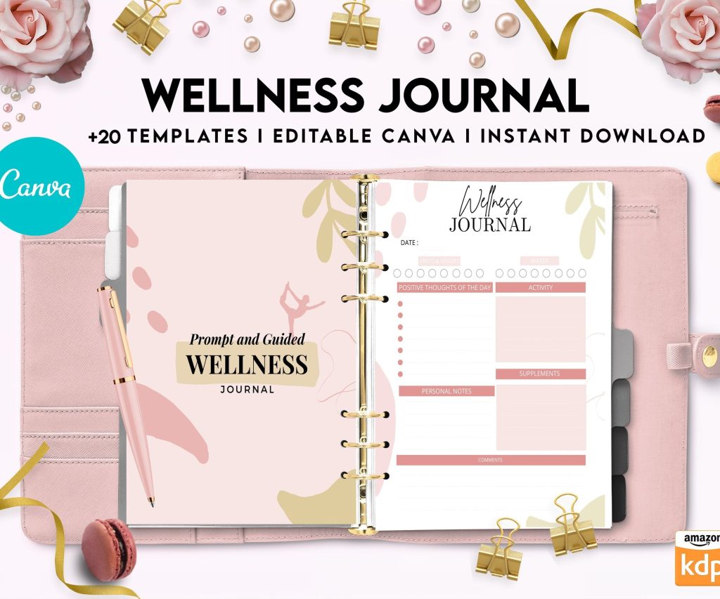 Wellness Journal Planner, Self care journal , Wellness Editable Templates Bundle Pages, Canva Editable Templates, interior gratitude journal