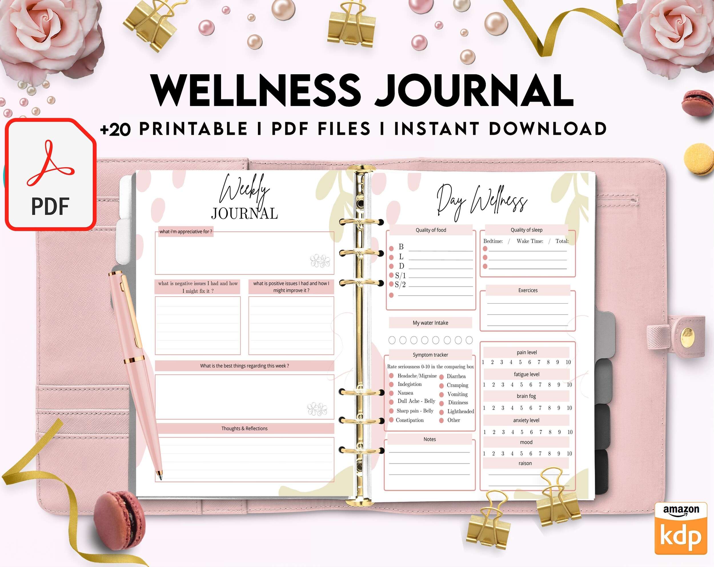 Wellness Journal Planner, Self care journal , Wellness 8×11 inch pages size Bundle Pages, PDF Printable, 8,5×11″ A4 size