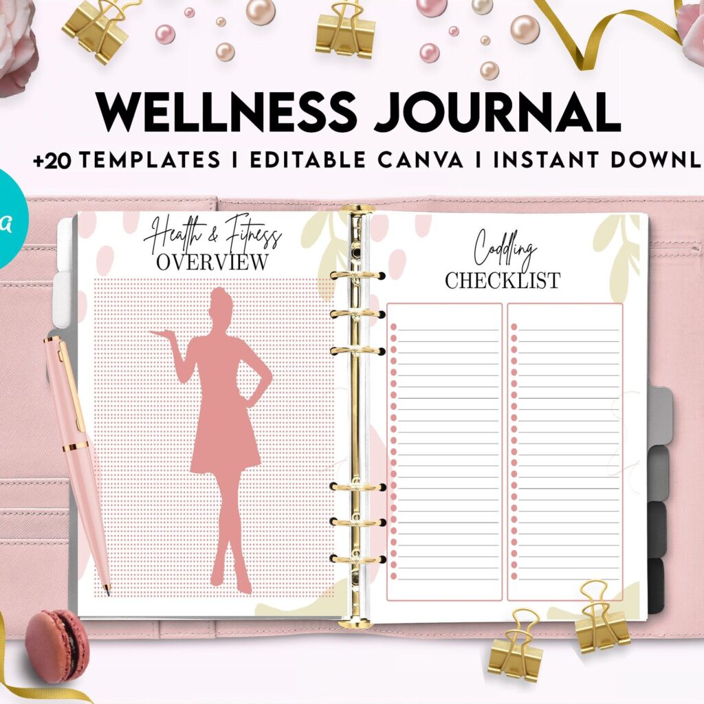 Wellness Journal Planner, Self care journal , Wellness Editable Templates Bundle Pages, Canva Editable Templates, interior gratitude journal