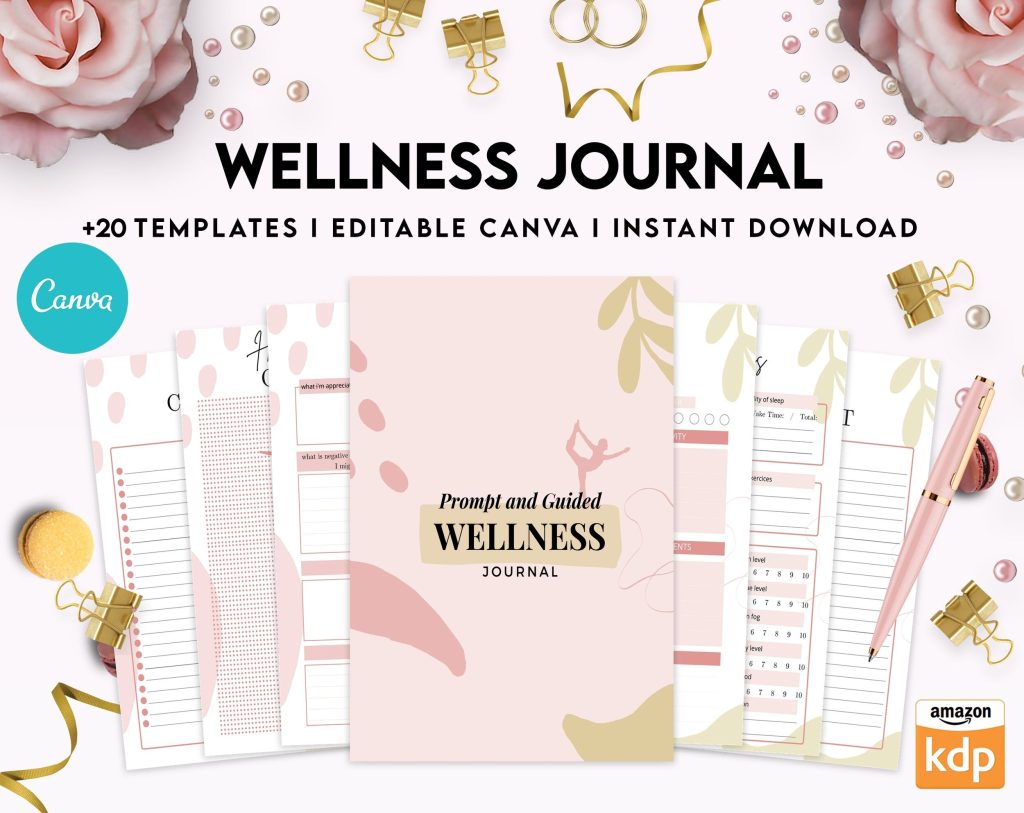 Wellness Journal Planner, Self Care Wellness Canva Editable Interior