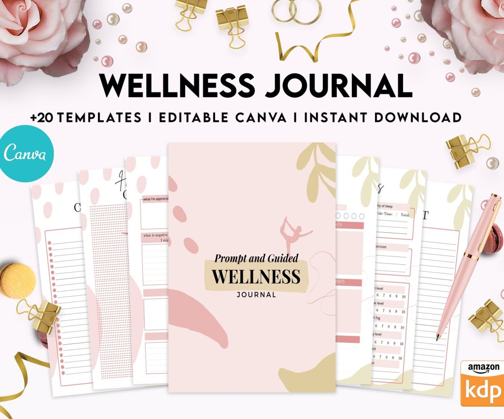 Wellness Journal Planner, Self care journal , Wellness Editable Templates Bundle Pages, Canva Editable Templates, interior gratitude journal