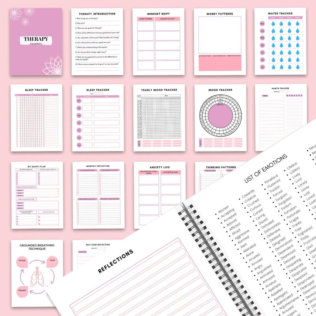 Therapy Journal with questions workbook 8.5×11" 30 Pages, Printable Worksheet, Mental health anxiety, Depression, self-care .. anxiety