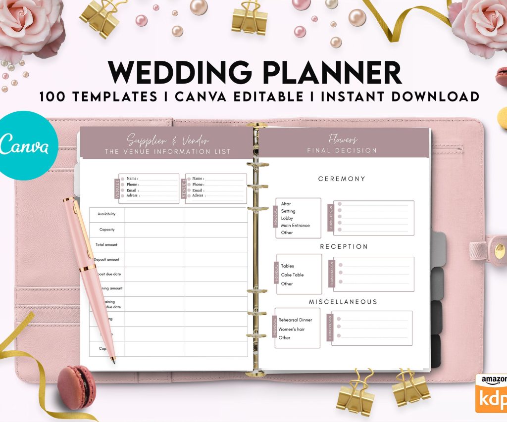 100 Pages Wedding Planner, Editable Templates Wedding Pages, Wedding Plan Bundle, Wedding Planning Book, Canva Editable Templates, interior getting married