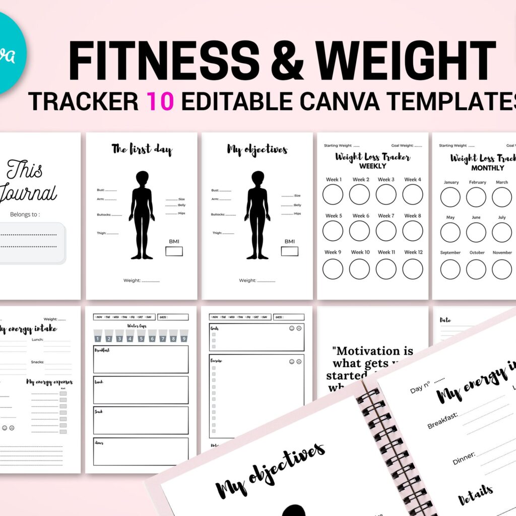 Canva Fitness and Weight Loss Tracker Journal 10 Editable Templates Planner for Journal, Canva editable interiors Bundle COMMERCIAL USE Canva editable