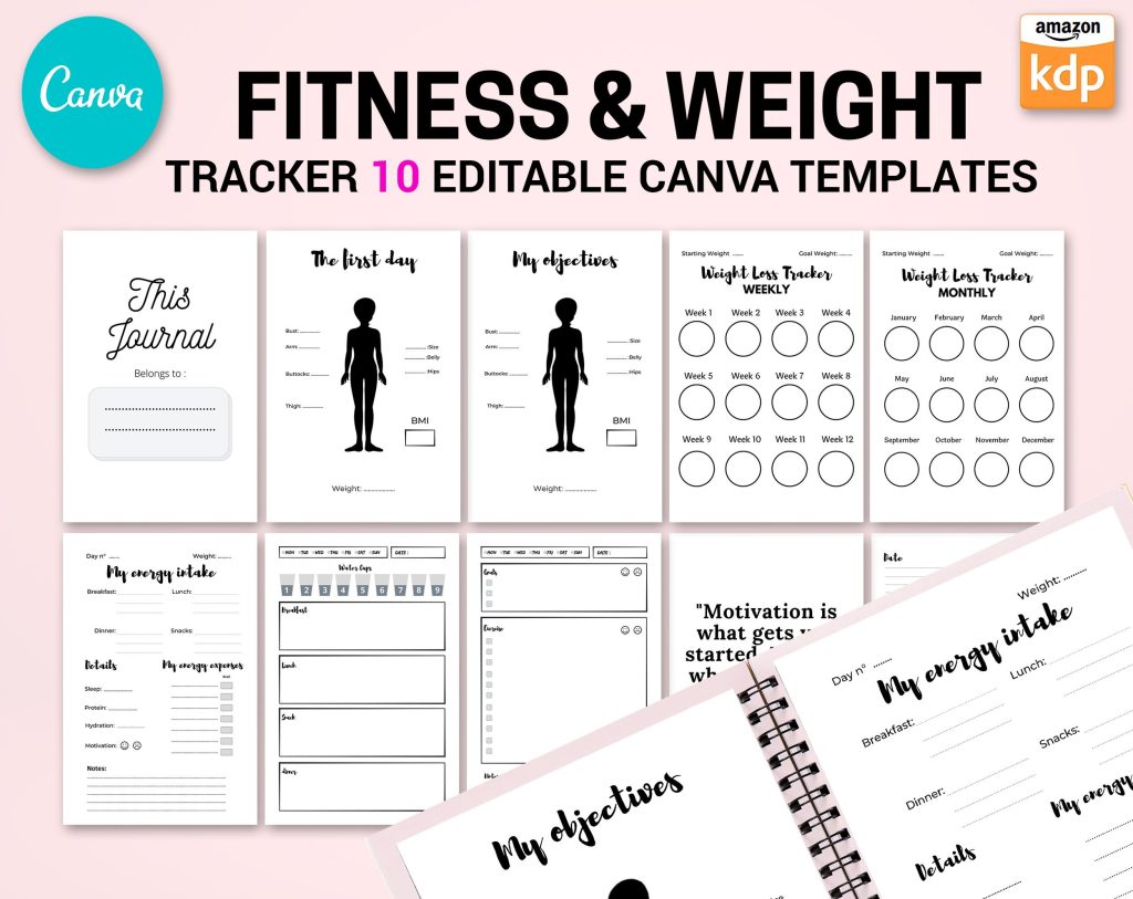 Weight Loss Tracker Template Planner, 10 Canva Editable Interiors ...