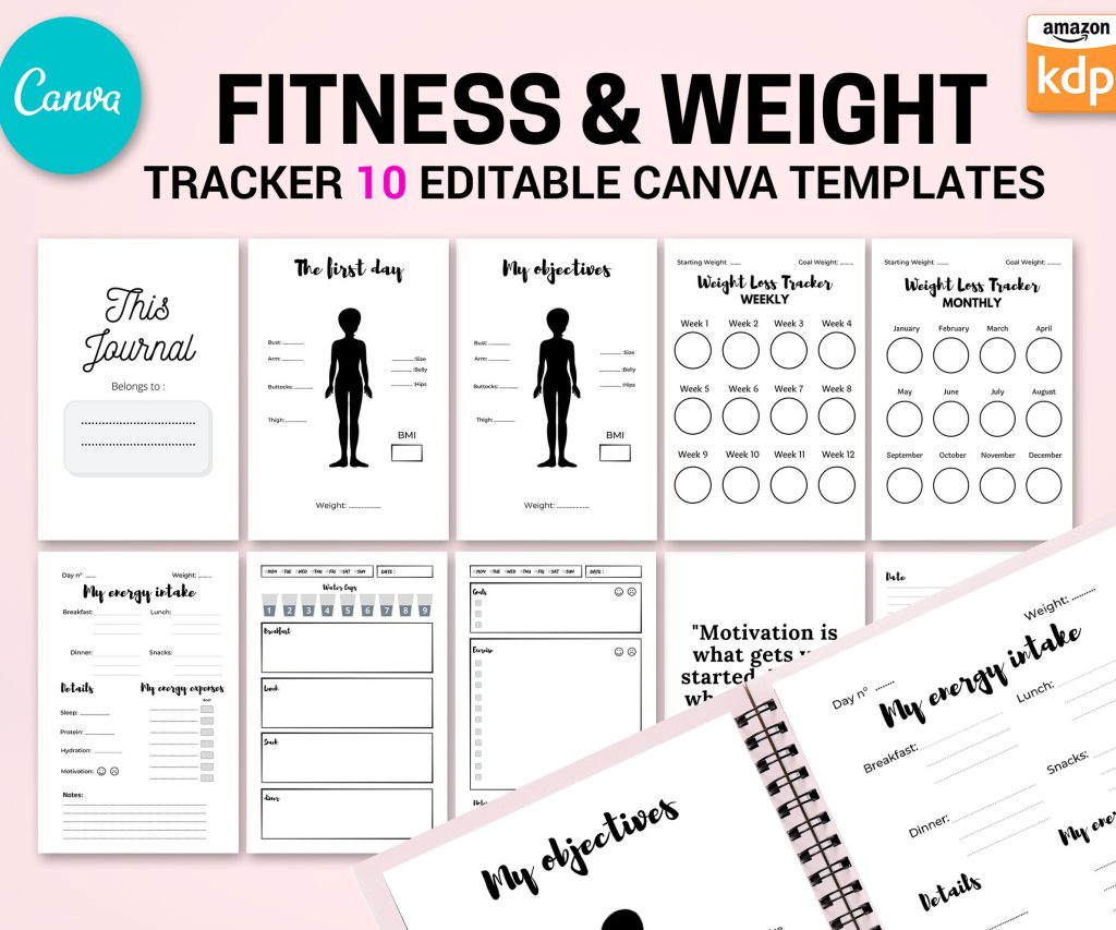 Canva Fitness and Weight Loss Tracker Journal 10 Editable Templates Planner for Journal, Canva editable interiors Bundle COMMERCIAL USE Canva editable