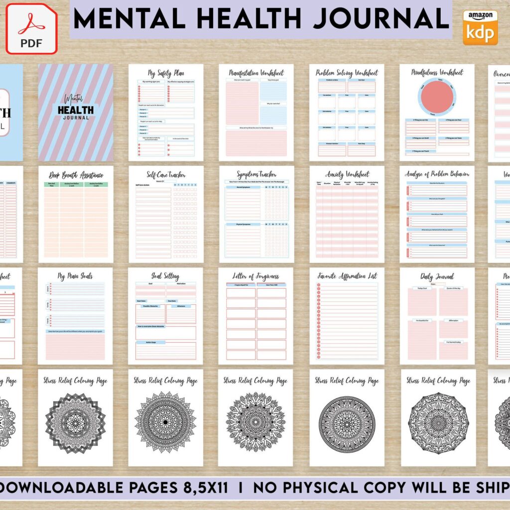 Mental Health Guided therapy journal With Prompts 60 Pages, 8.5×11" PDF Printable Planner COMMERCIAL Use anxiety journal