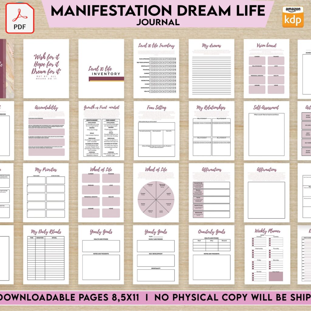 Manifestation Dream life Journal, 8.5×11" 60 Pages, Printable workbook, digital and printable PDF, self-care, wellness, goals,mindset dream_life_journal