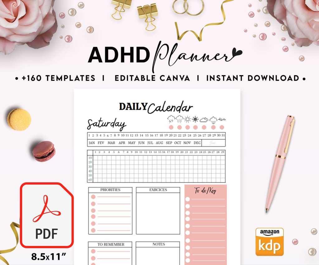 Adult ADHD +160 Pages Life Planner for Journal, Printable PDF size 8.5×11" adhd