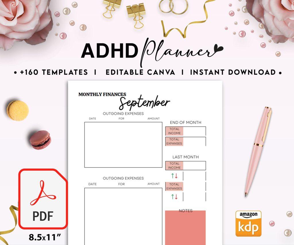 Adult ADHD +160 Pages Life Planner for Journal, Printable PDF size 8.5×11" adhd