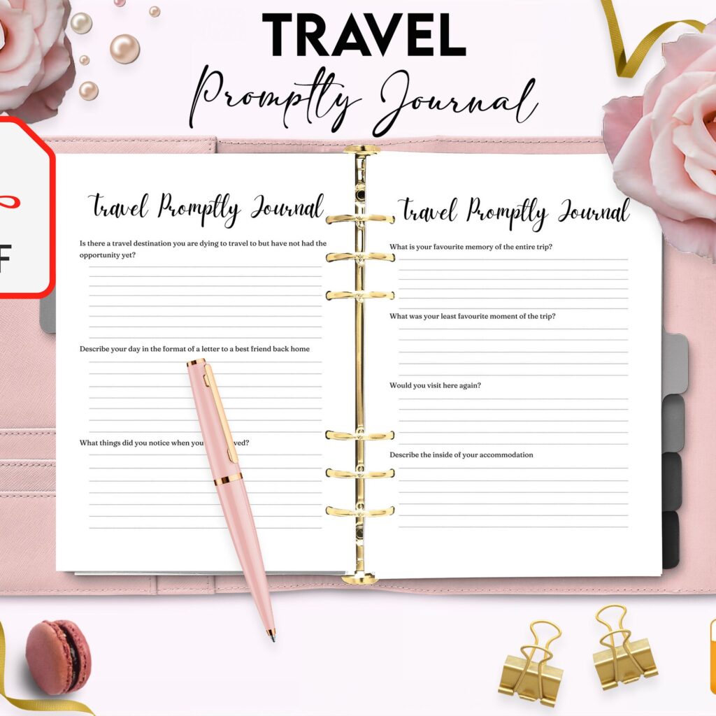 Travel Promptly Journal 36 Pages Templates, 8.5×11" Printable Planner COMMERCIAL Use guided journal