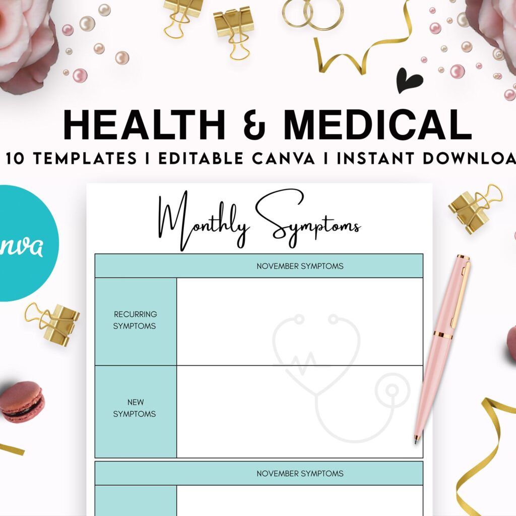 10 Editable Canva Health and Medical Planner Templates for Journal, Canva Planner editable interiors Bundle COMMERCIAL Canva editable