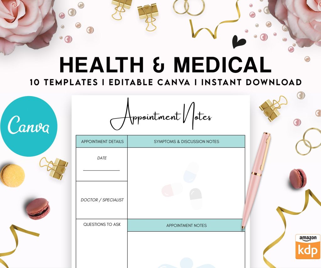 10 Editable Canva Health and Medical Planner Templates for Journal, Canva Planner editable interiors Bundle COMMERCIAL Canva editable