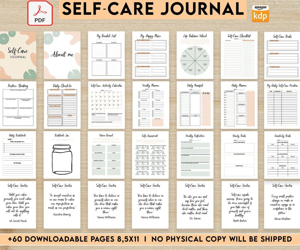 Self-care self love wellness, guided journal With Prompts 63 Pages PDF, 8.5×11" Printable Planner PDF Bundle COMMERCIAL Use guided journal