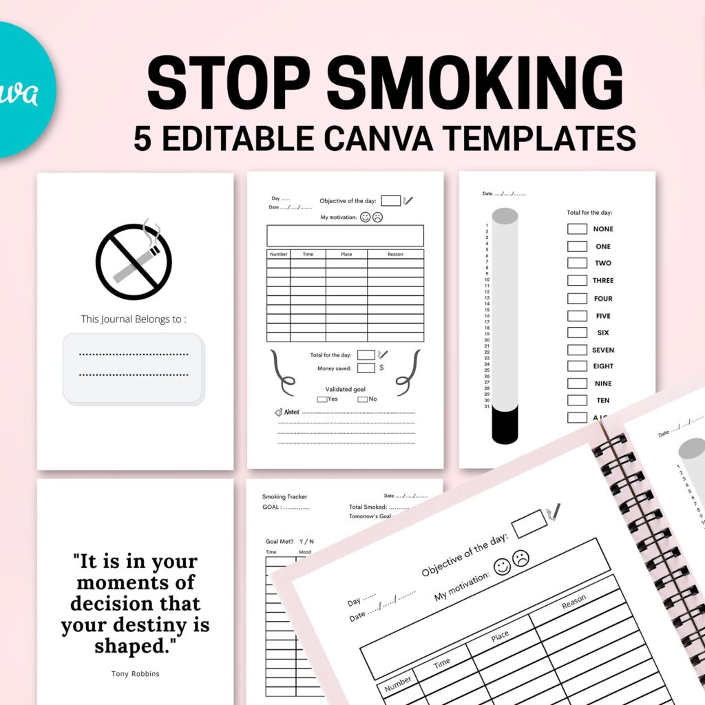 Stop Smoking Tracker Journal 5 Editable Canva Templates for Journal, Canva editable interior to Quit Smoking COMMERCIAL USE Canva editable
