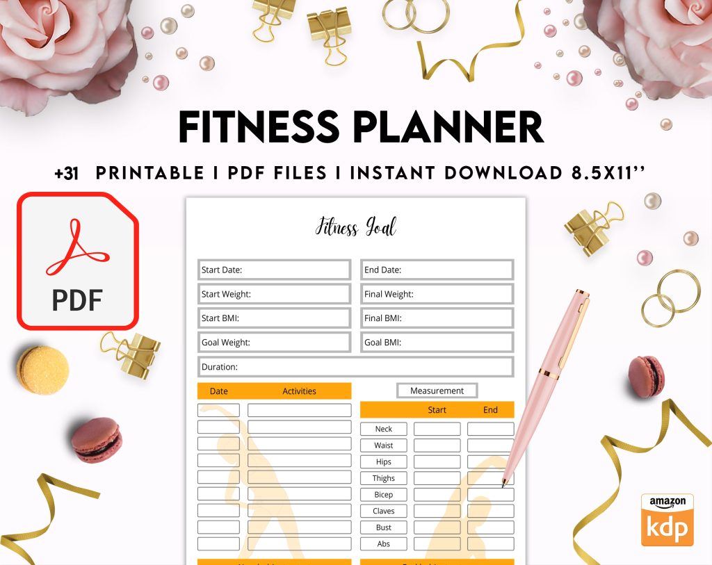 Free Fitness Planner PDF Printable, 8,5x11 inch A4 size, For journal ...