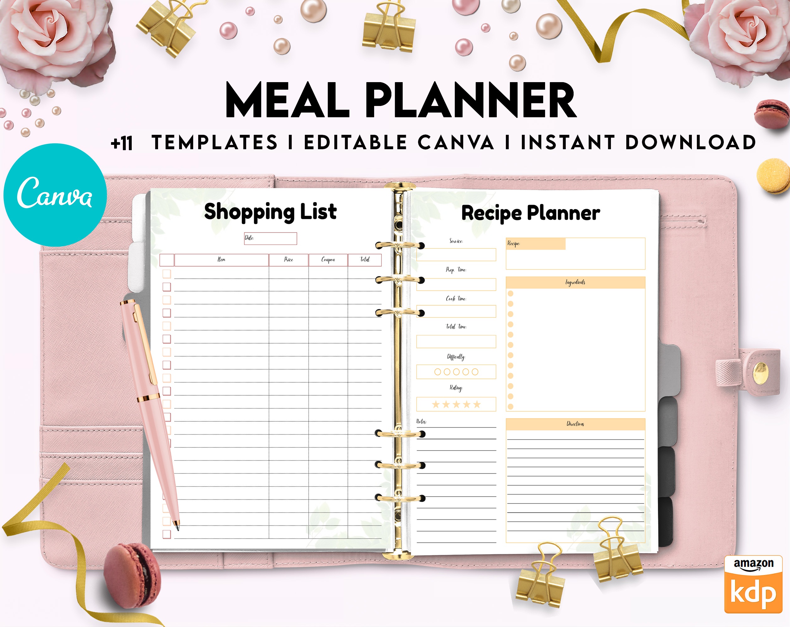 Free Meal Planner PDF Printable, 8,5×11 inch A4 size, For journal, Notebook, Binder… binder Planner printable
