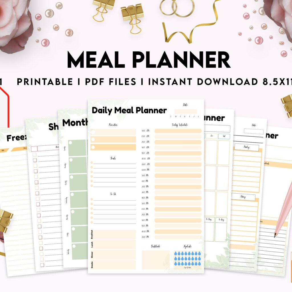 Free Meal Planner PDF Printable, 8,5×11 inch A4 size, For journal, Notebook, Binder… binder Planner printable