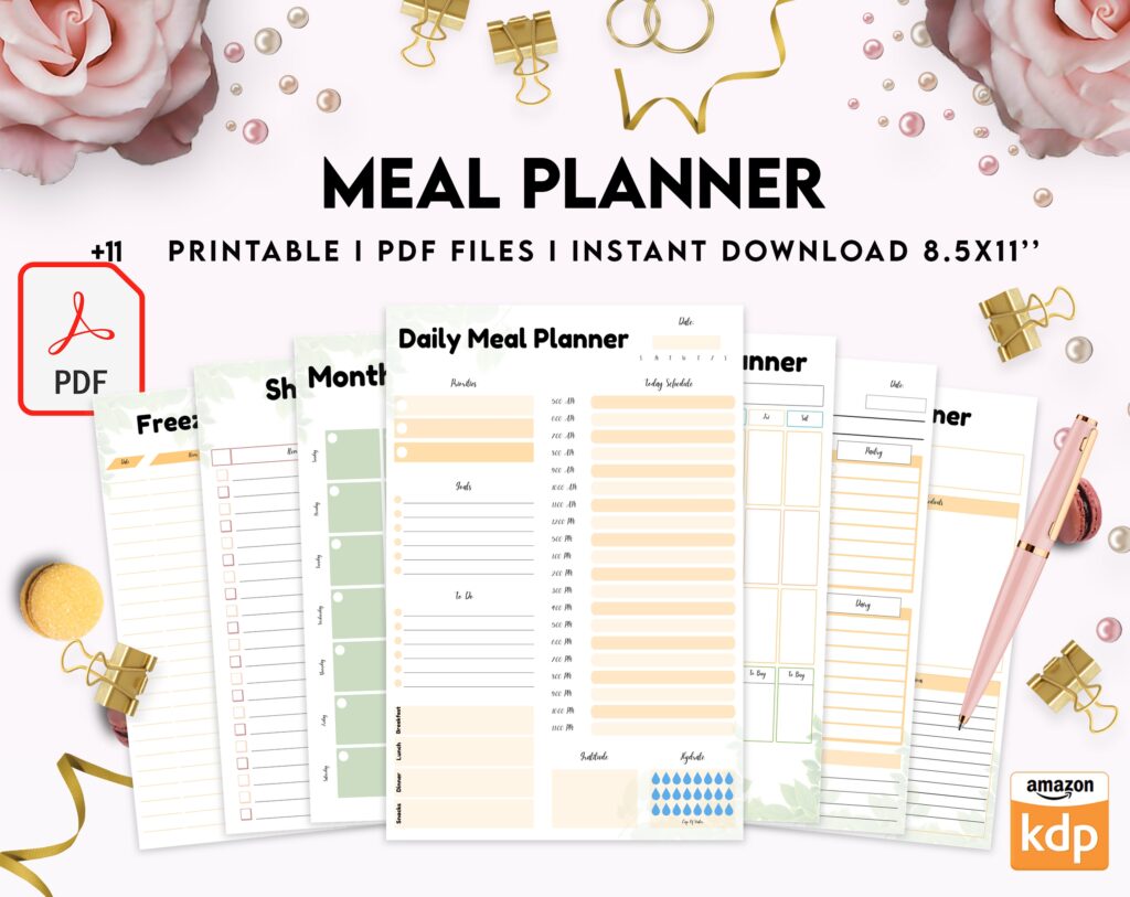 Free Meal Planner PDF Printable, 8,5×11 inch A4 size, For journal, Notebook, Binder… binder Planner printable