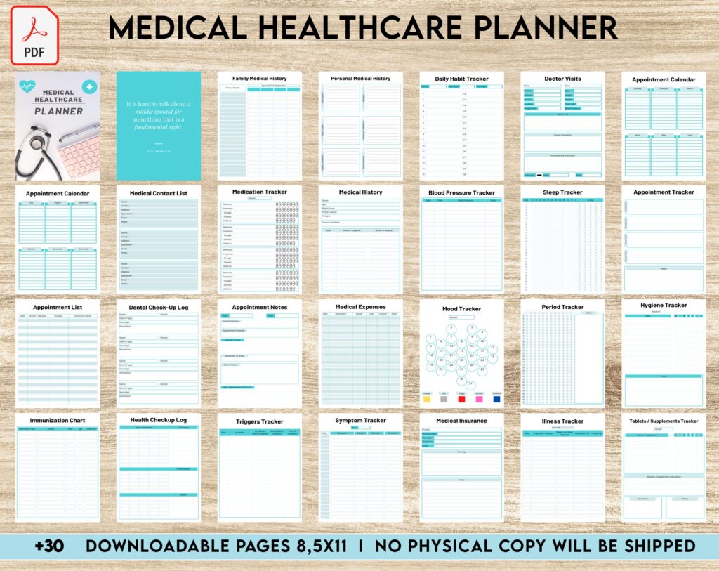 Free Medical Healthcare Planner PDF Printable, 8,5×11 inch A4 size, For journal, Notebook, Binder… binder Planner printable