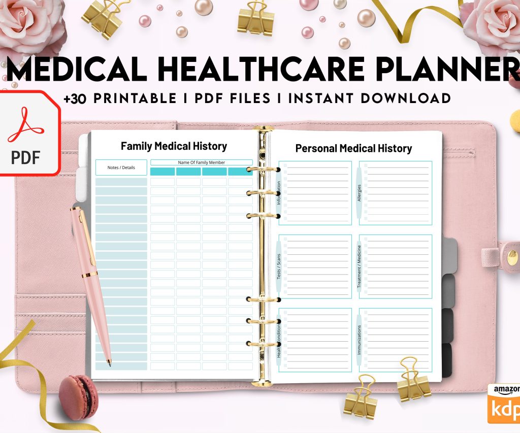 Free Medical Healthcare Planner PDF Printable, 8,5×11 inch A4 size, For journal, Notebook, Binder… binder Planner printable