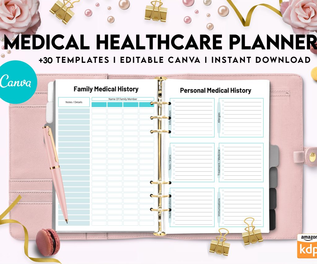 Free Medical Healthcare Planner PDF Printable, 8,5×11 inch A4 size, For journal, Notebook, Binder… binder Planner printable