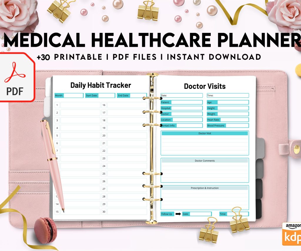 Free Medical Healthcare Planner PDF Printable, 8,5×11 inch A4 size, For journal, Notebook, Binder… binder Planner printable