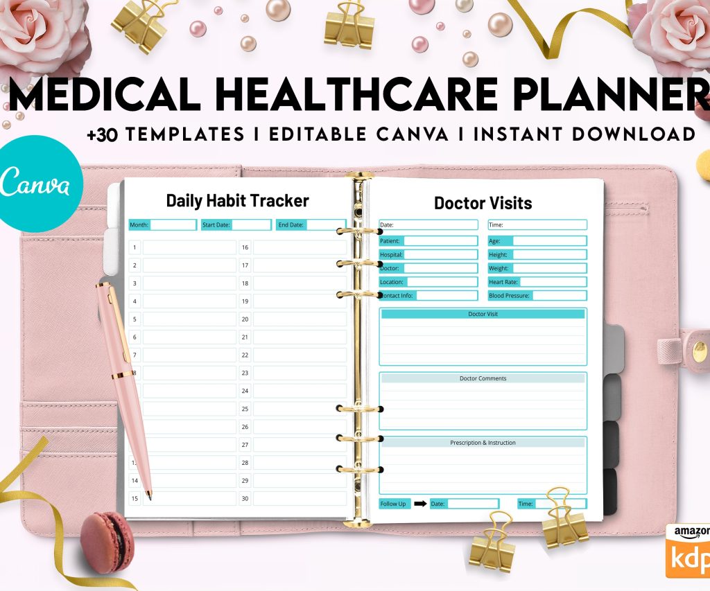 Free Medical Healthcare Planner PDF Printable, 8,5×11 inch A4 size, For journal, Notebook, Binder… binder Planner printable