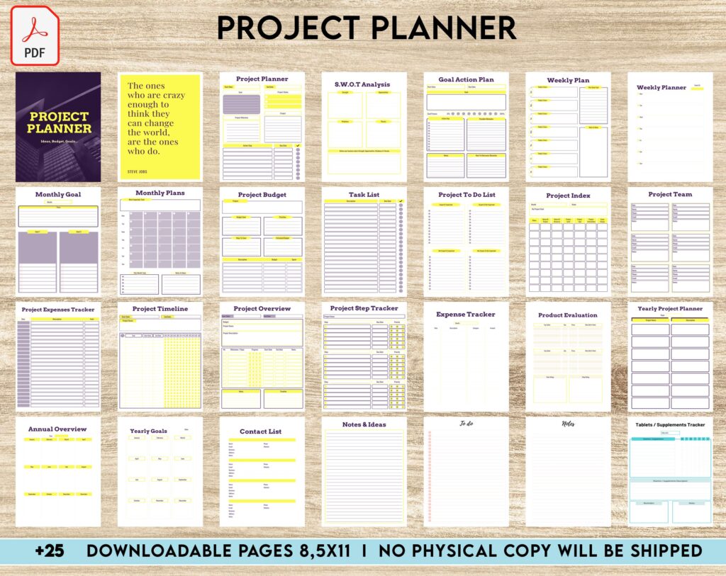 Free Project Planner PDF Printable, 8,5×11 inch A4 size, For journal, Notebook, Binder… binder Planner printable