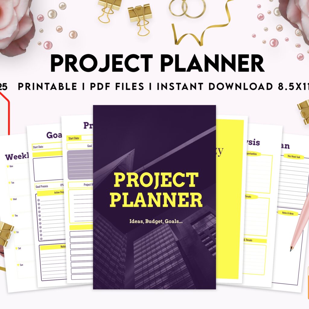 Free Project Planner PDF Printable, 8,5×11 inch A4 size, For journal, Notebook, Binder… binder Planner printable