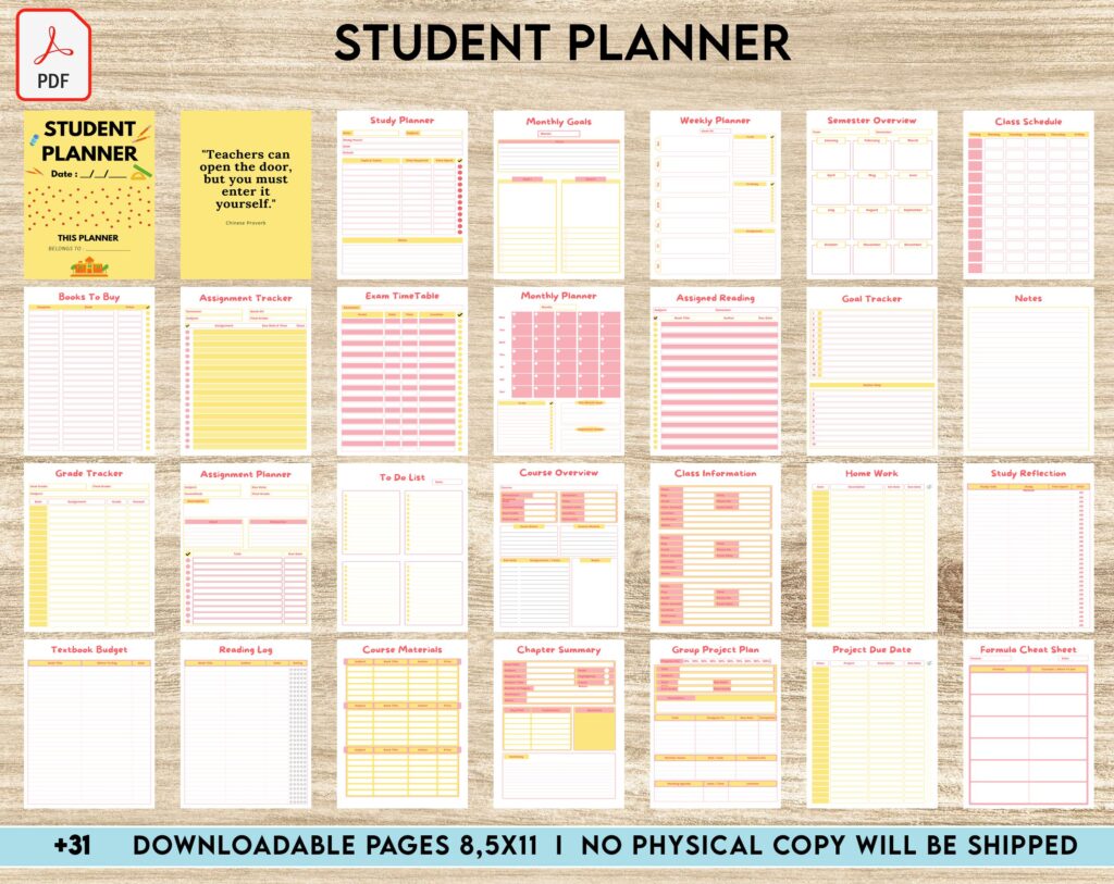 Free Student Planner PDF Printable, 8,5×11 inch A4 size, For journal, Notebook, Binder… binder Planner printable