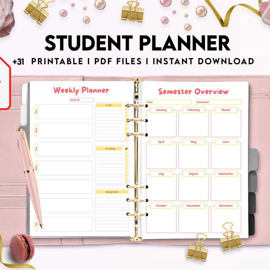 Free Student Planner PDF Printable, 8,5×11 inch A4 size, For journal, Notebook, Binder… binder Planner printable