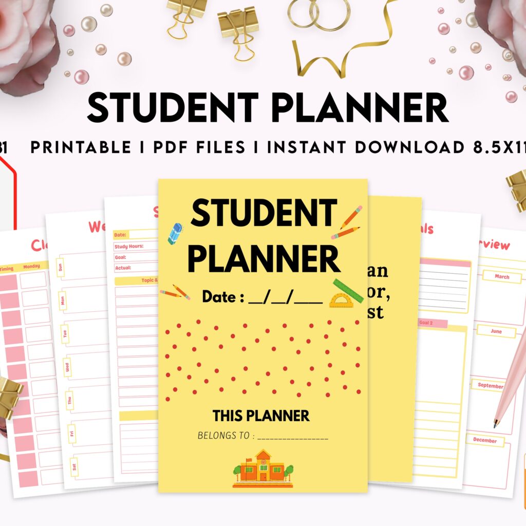 Free Student Planner PDF Printable, 8,5×11 inch A4 size, For journal, Notebook, Binder… binder Planner printable