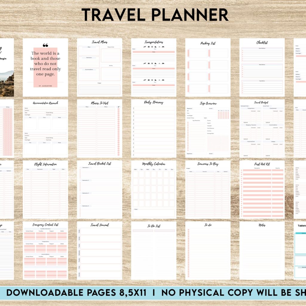 Free Travel Planner PDF Printable, 8,5×11 inch A4 size, For journal, Notebook, Binder… binder Planner printable