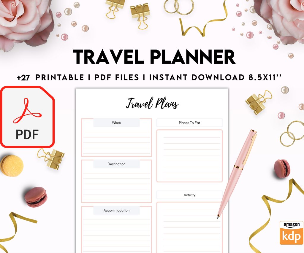 Free Travel Planner PDF Printable, 8,5×11 inch A4 size, For journal, Notebook, Binder… binder Planner printable
