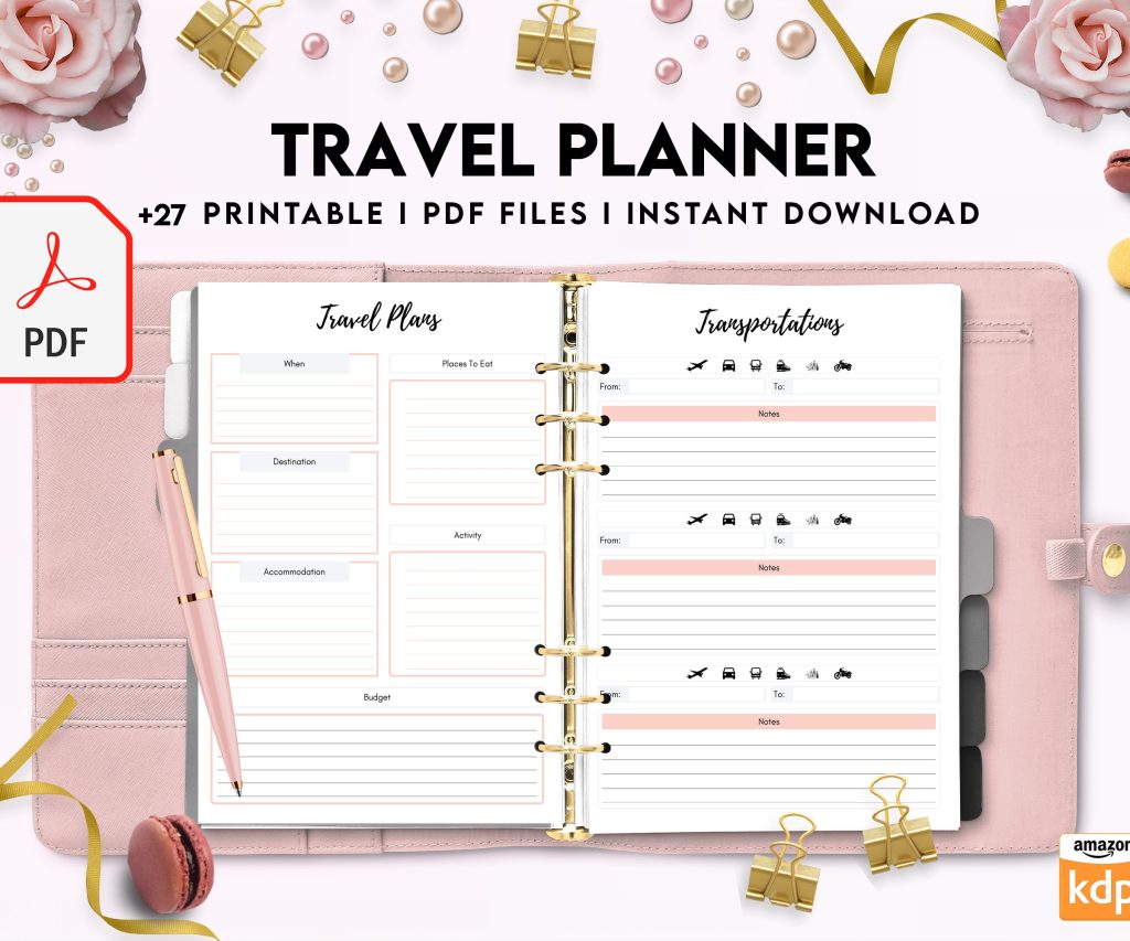 Free Travel Planner PDF Printable, 8,5×11 inch A4 size, For journal, Notebook, Binder… binder Planner printable