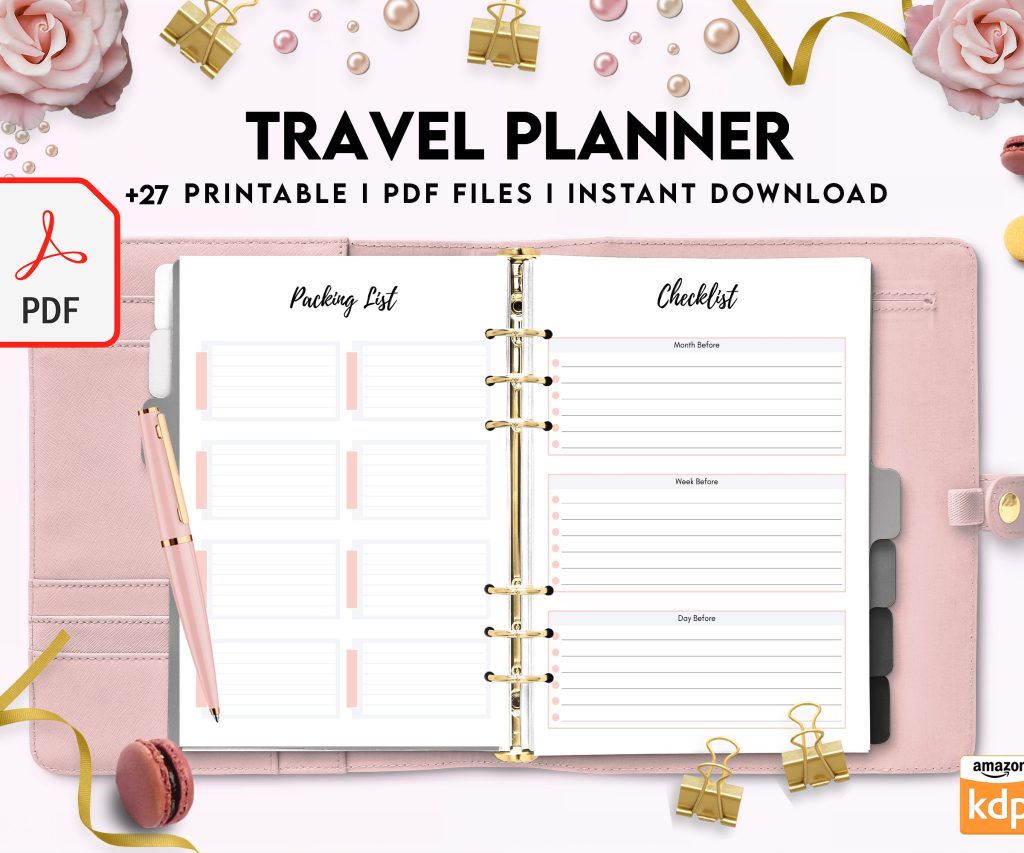 Free Travel Planner PDF Printable, 8,5×11 inch A4 size, For journal, Notebook, Binder… binder Planner printable