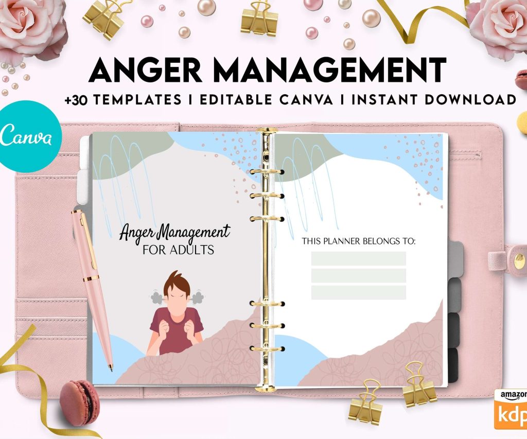 Anger Management for Adults, therapy journal , mental health, self care journal, Canva Editable Templates