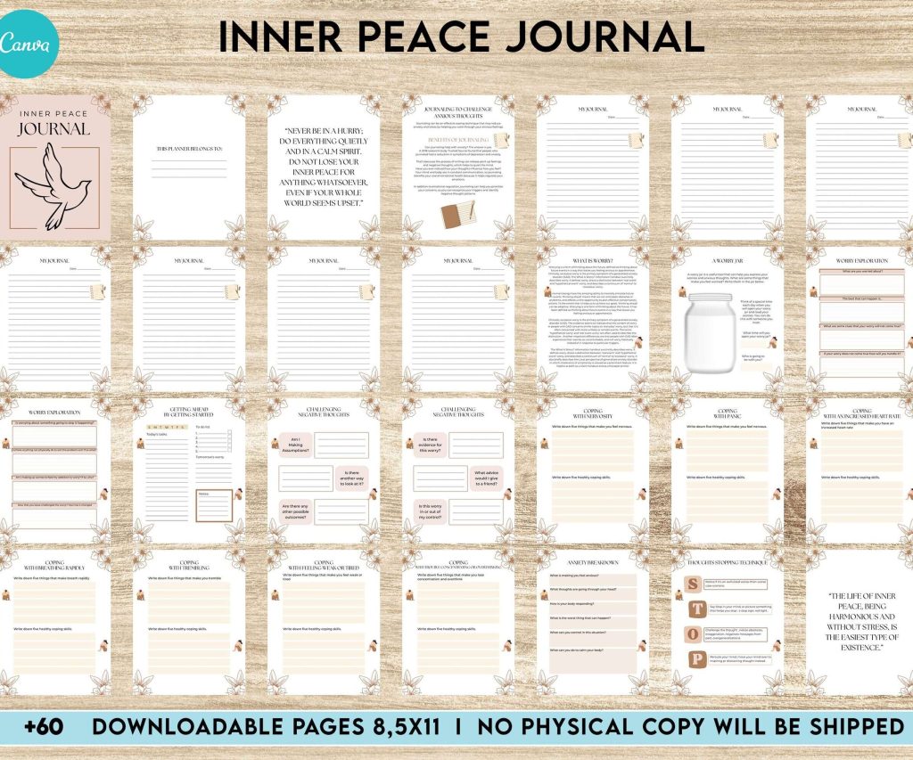 Inner Peace Journal, Calming journal, Happiness journal, Spiritual journal, Canva Editable Templates