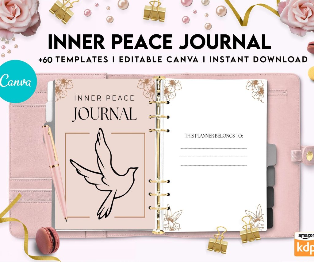 Inner Peace Journal, Calming journal, Happiness journal, Spiritual journal, Canva Editable Templates